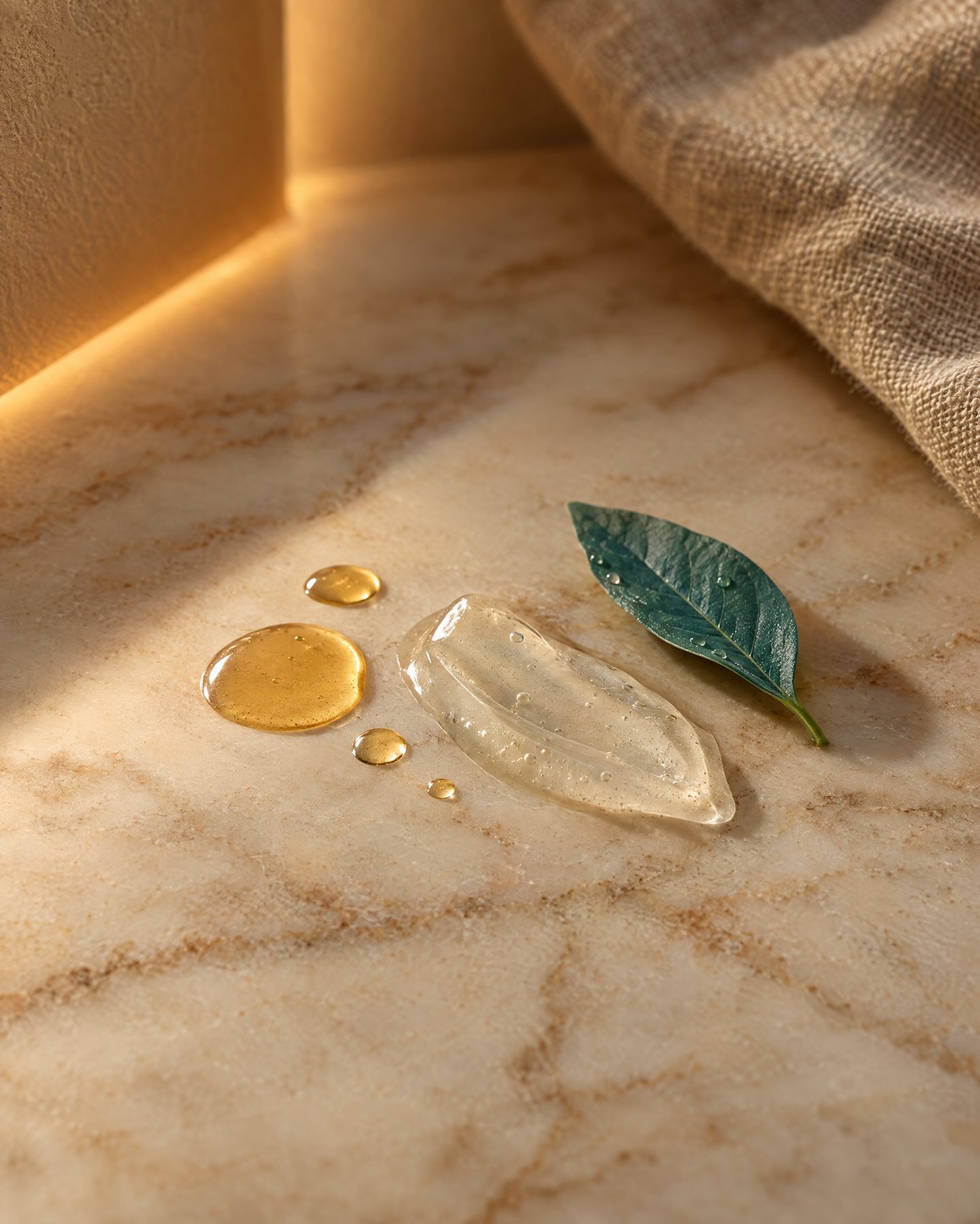 Gotas de óleo dourado e uma folha sobre mármore creme